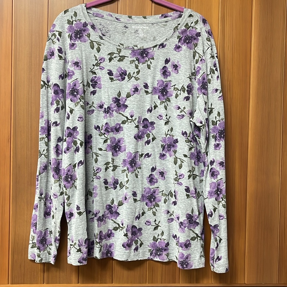 Northcrest Purple & Gray Floral Long Sleeve T-Shirt XL